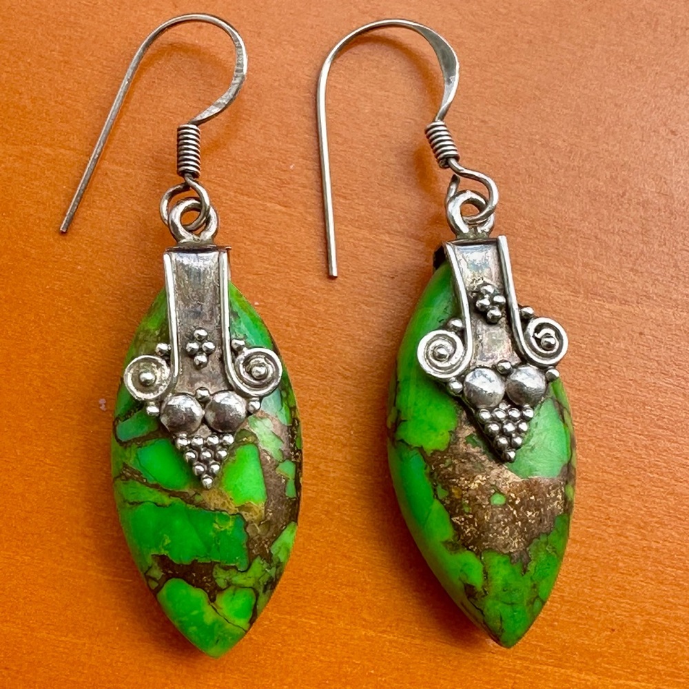 Vintage Sterling Silver Green Mojave Copper Turquoise Dangle Fancy Statement Ear